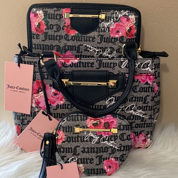 Juicy Couture Handbags - NWT Juicy Couture Petal Black Floral Petal Purse w/Heart Wristlet & Large Wallet